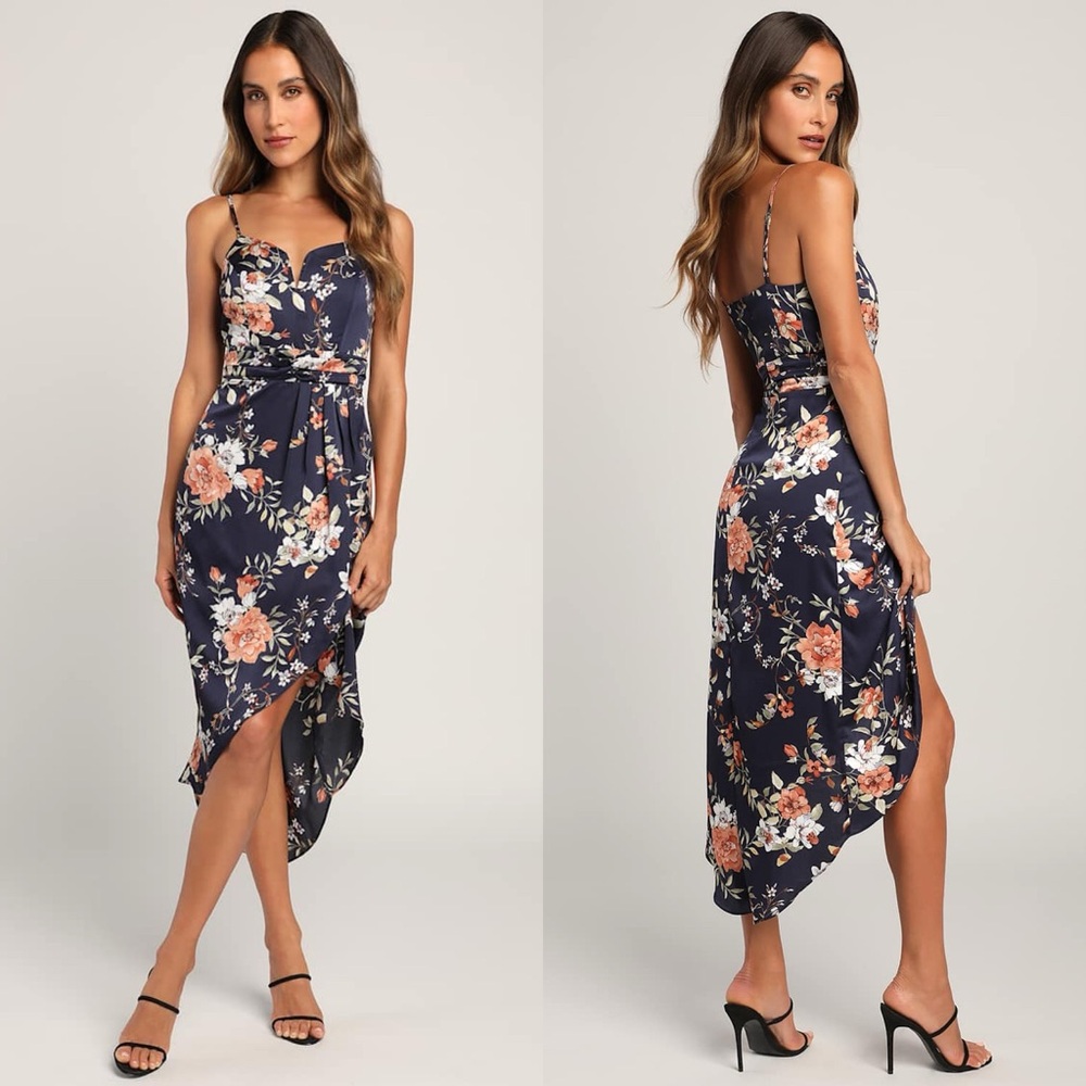 Lulus | My Favorite Day Navy Blue Floral Print Tulip Skirt Midi Dress